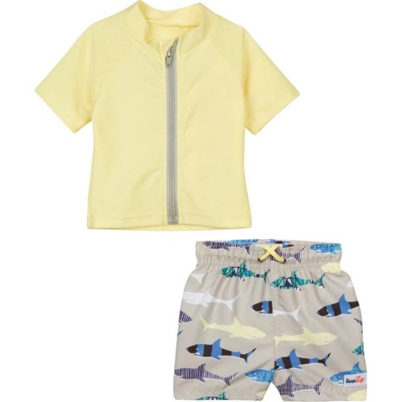 Boy’s Short Sleeve Rash Guard Set – “Shark Feast” - Picture 1 of 2